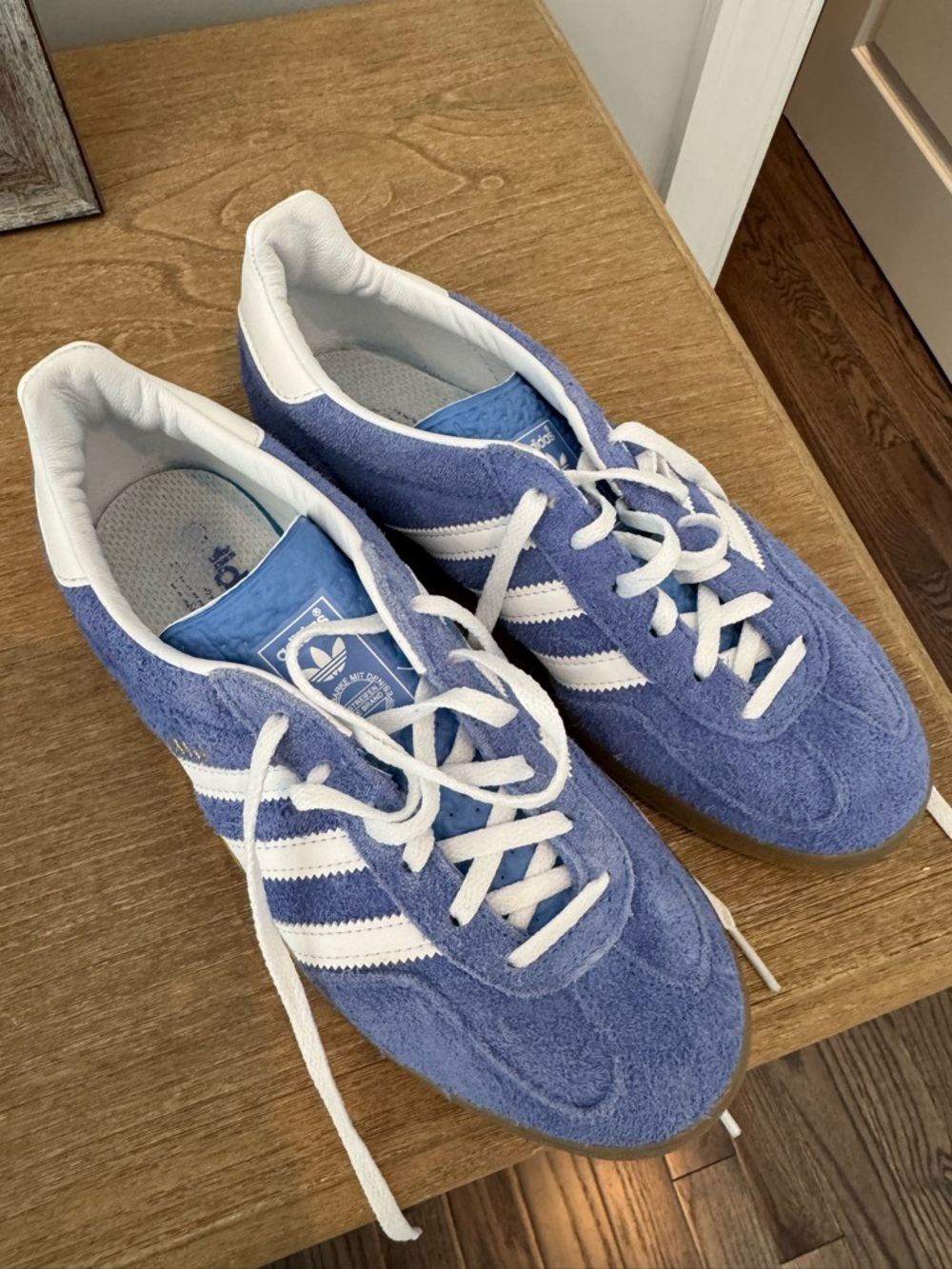 adidas Gazelle Suede Sneakers in Light Blue and White worn once